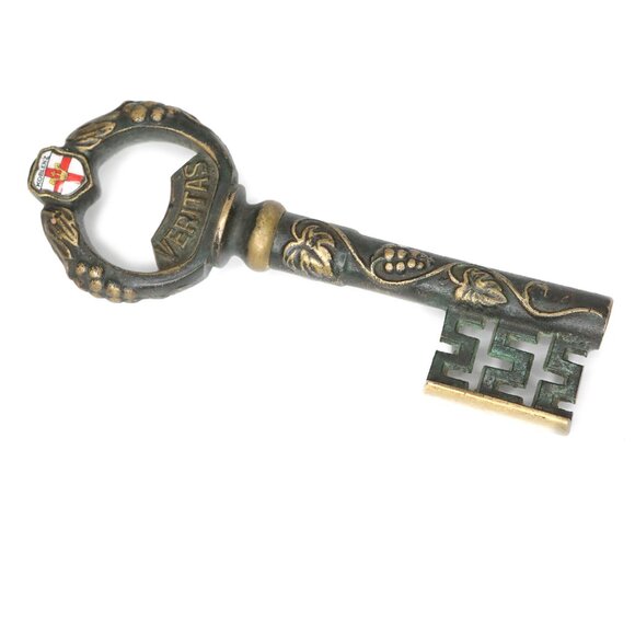 Vintage German Antique Brass Key Corkscrew In Vino Veritas Koblenz Gold Bar - Picture 1 of 8